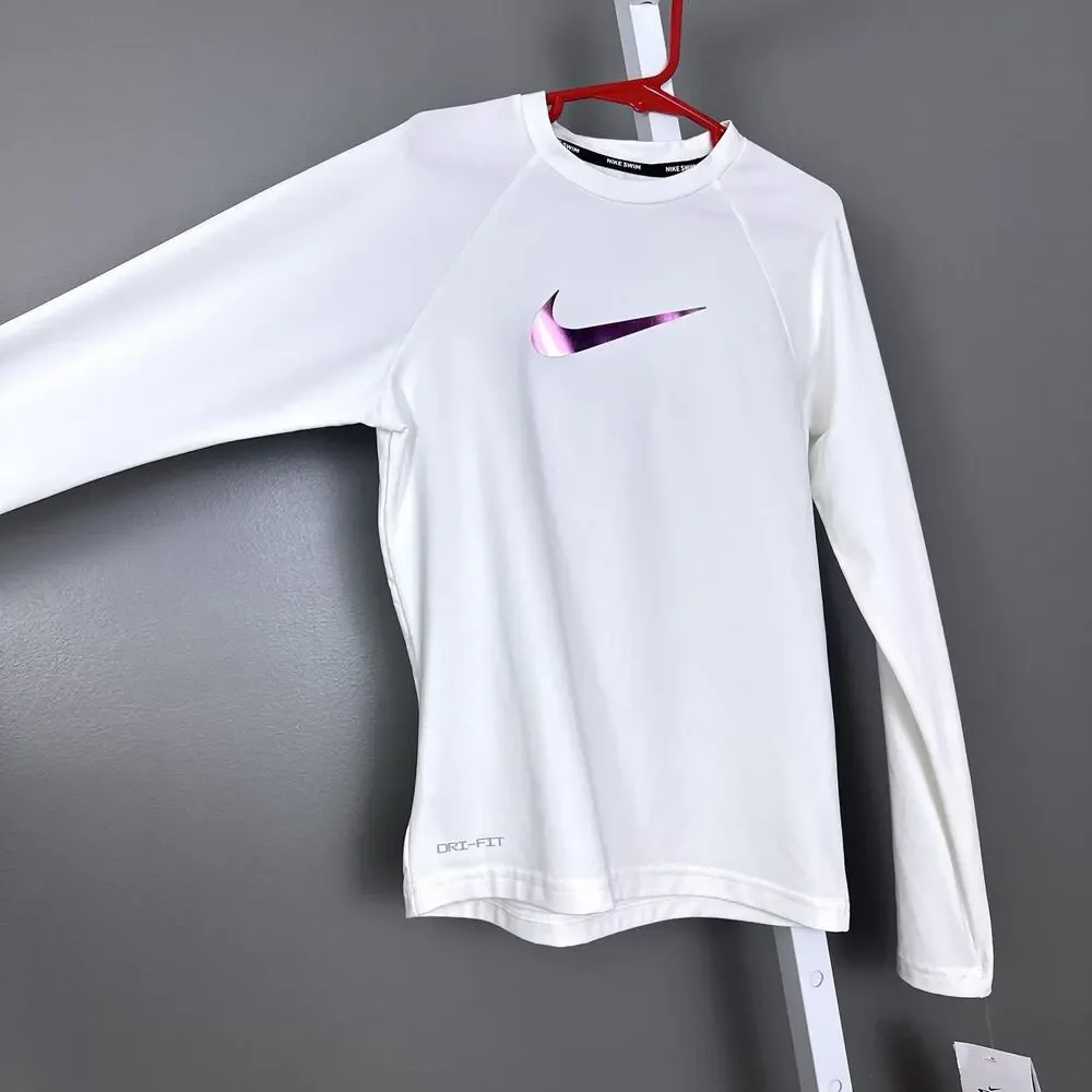 Nike Girls Medium M Long Sleeve Hydroguard Rash Guard Swim Shirt White NESS8784